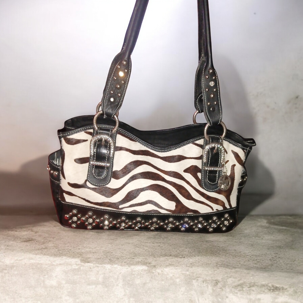 American West Zebra Print Shoulder Bag with Black and Brown Accents Embossed